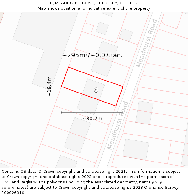 8, MEADHURST ROAD, CHERTSEY, KT16 8HU: Plot and title map