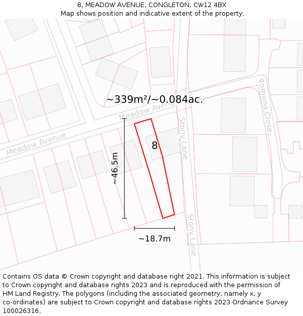 8, MEADOW AVENUE, CONGLETON, CW12 4BX: Plot and title map