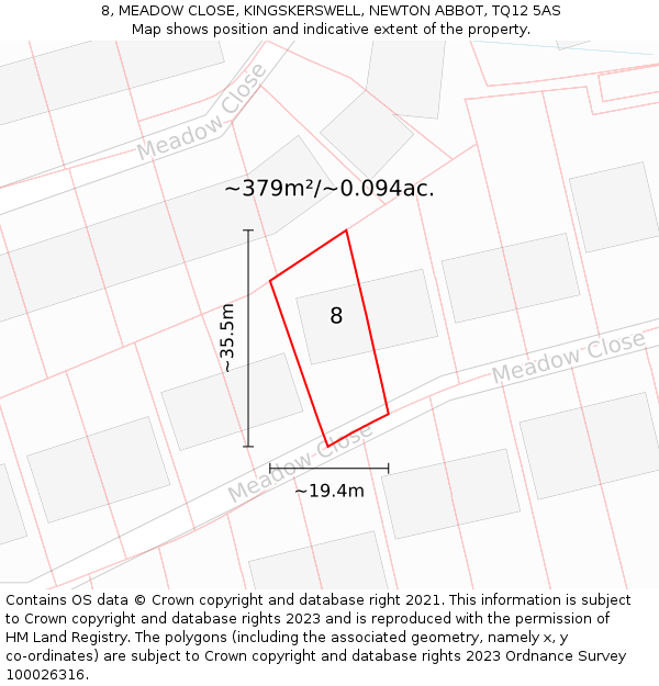 8, MEADOW CLOSE, KINGSKERSWELL, NEWTON ABBOT, TQ12 5AS: Plot and title map