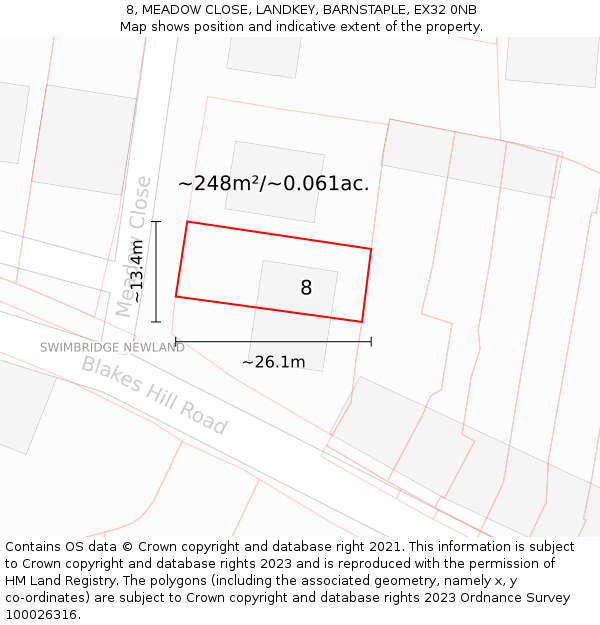 8, MEADOW CLOSE, LANDKEY, BARNSTAPLE, EX32 0NB: Plot and title map