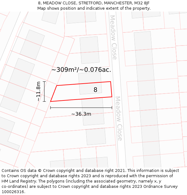 8, MEADOW CLOSE, STRETFORD, MANCHESTER, M32 8JF: Plot and title map