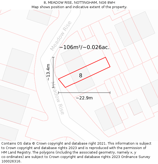8, MEADOW RISE, NOTTINGHAM, NG6 8WH: Plot and title map