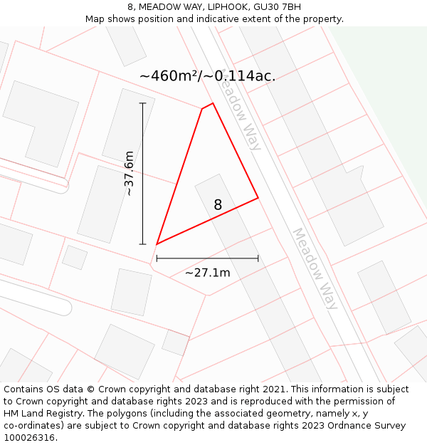 8, MEADOW WAY, LIPHOOK, GU30 7BH: Plot and title map