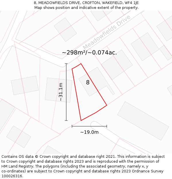 8, MEADOWFIELDS DRIVE, CROFTON, WAKEFIELD, WF4 1JE: Plot and title map