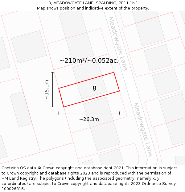 8, MEADOWGATE LANE, SPALDING, PE11 1NF: Plot and title map