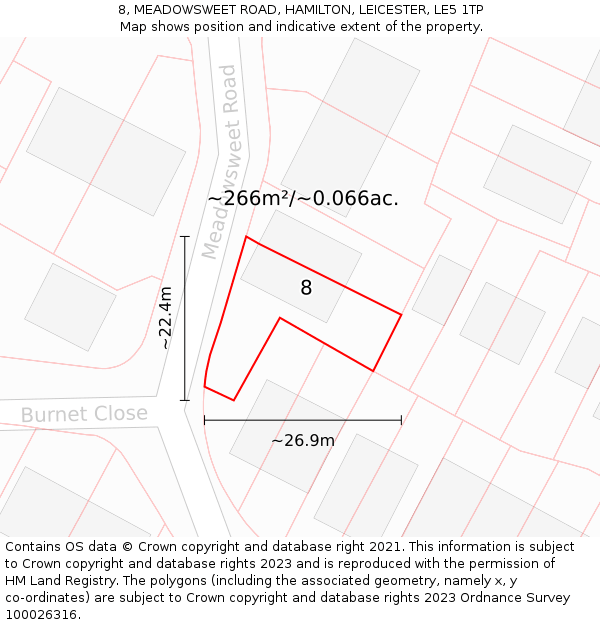 8, MEADOWSWEET ROAD, HAMILTON, LEICESTER, LE5 1TP: Plot and title map