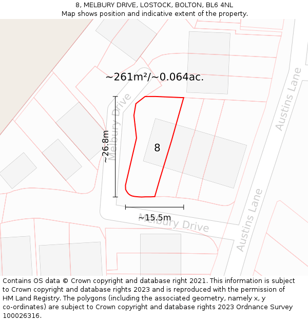 8, MELBURY DRIVE, LOSTOCK, BOLTON, BL6 4NL: Plot and title map