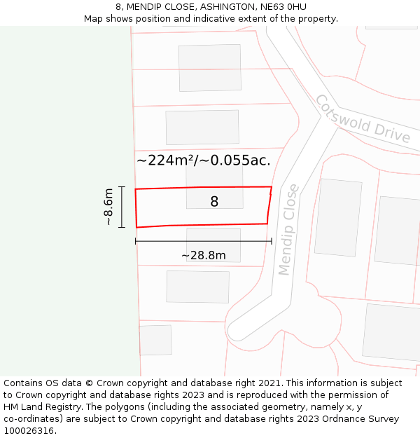 8, MENDIP CLOSE, ASHINGTON, NE63 0HU: Plot and title map