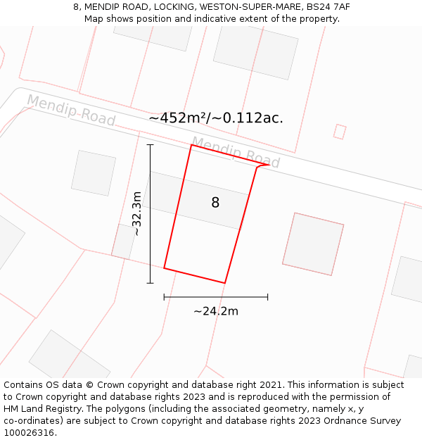 8, MENDIP ROAD, LOCKING, WESTON-SUPER-MARE, BS24 7AF: Plot and title map