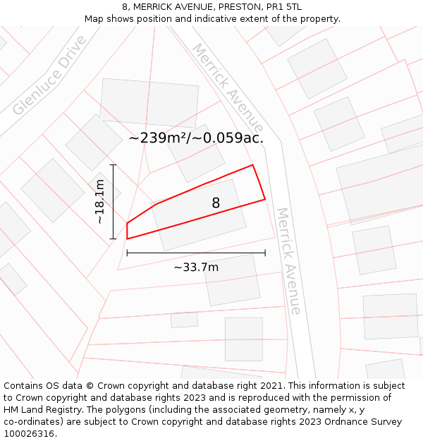 8, MERRICK AVENUE, PRESTON, PR1 5TL: Plot and title map