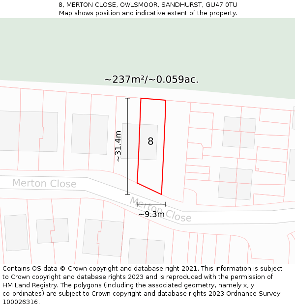 8, MERTON CLOSE, OWLSMOOR, SANDHURST, GU47 0TU: Plot and title map