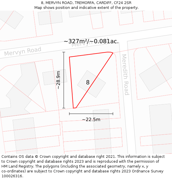 8, MERVYN ROAD, TREMORFA, CARDIFF, CF24 2SR: Plot and title map