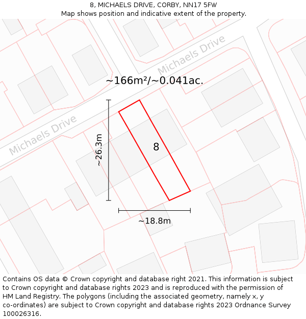 8, MICHAELS DRIVE, CORBY, NN17 5FW: Plot and title map