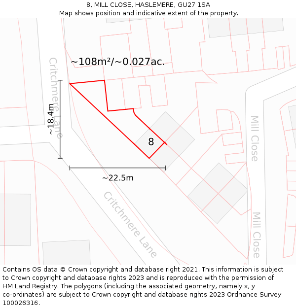 8, MILL CLOSE, HASLEMERE, GU27 1SA: Plot and title map