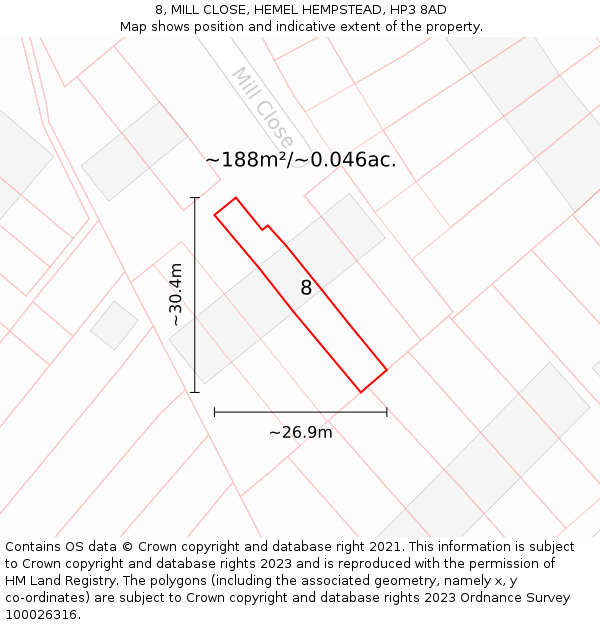 8, MILL CLOSE, HEMEL HEMPSTEAD, HP3 8AD: Plot and title map