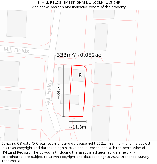 8, MILL FIELDS, BASSINGHAM, LINCOLN, LN5 9NP: Plot and title map