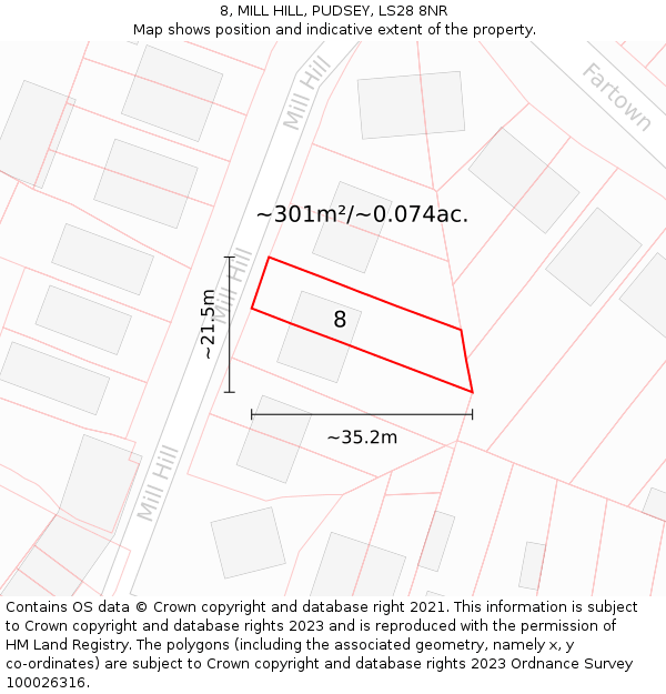 8, MILL HILL, PUDSEY, LS28 8NR: Plot and title map