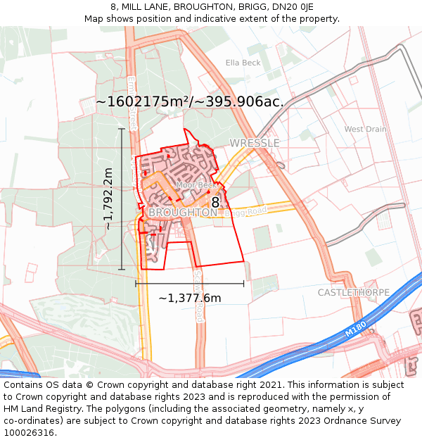 8, MILL LANE, BROUGHTON, BRIGG, DN20 0JE: Plot and title map