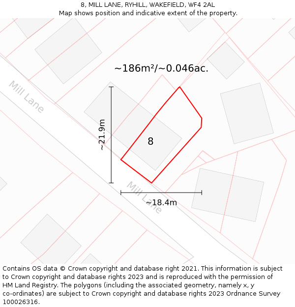 8, MILL LANE, RYHILL, WAKEFIELD, WF4 2AL: Plot and title map