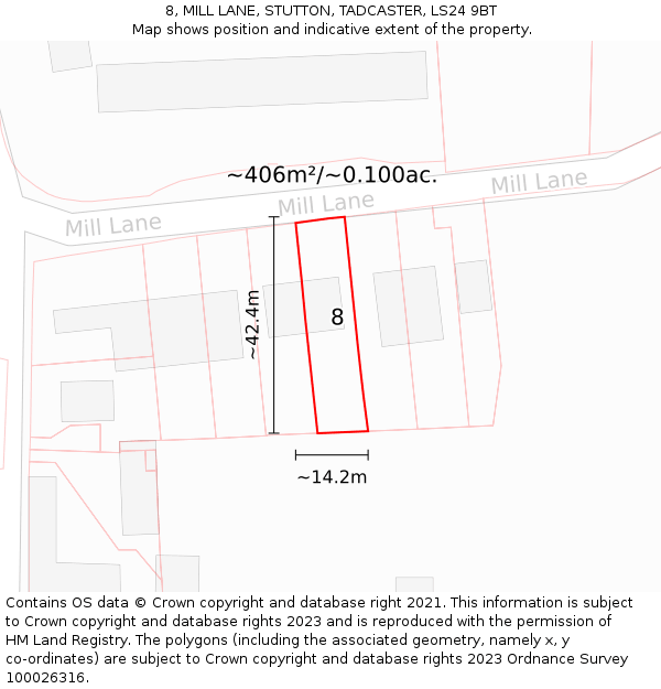 8, MILL LANE, STUTTON, TADCASTER, LS24 9BT: Plot and title map