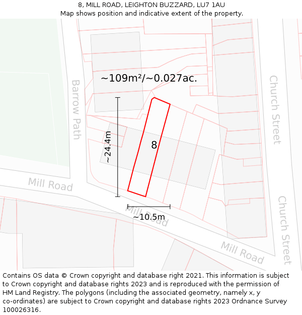 8, MILL ROAD, LEIGHTON BUZZARD, LU7 1AU: Plot and title map