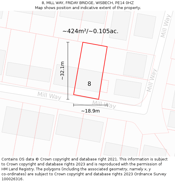 8, MILL WAY, FRIDAY BRIDGE, WISBECH, PE14 0HZ: Plot and title map