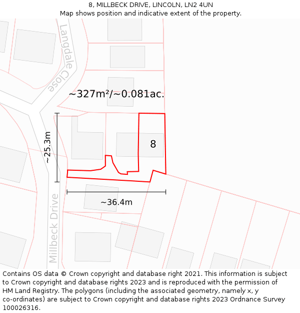 8, MILLBECK DRIVE, LINCOLN, LN2 4UN: Plot and title map