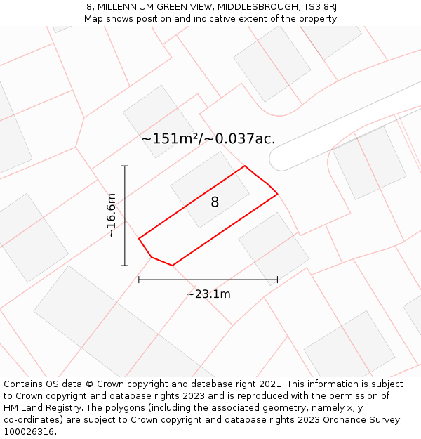 8, MILLENNIUM GREEN VIEW, MIDDLESBROUGH, TS3 8RJ: Plot and title map