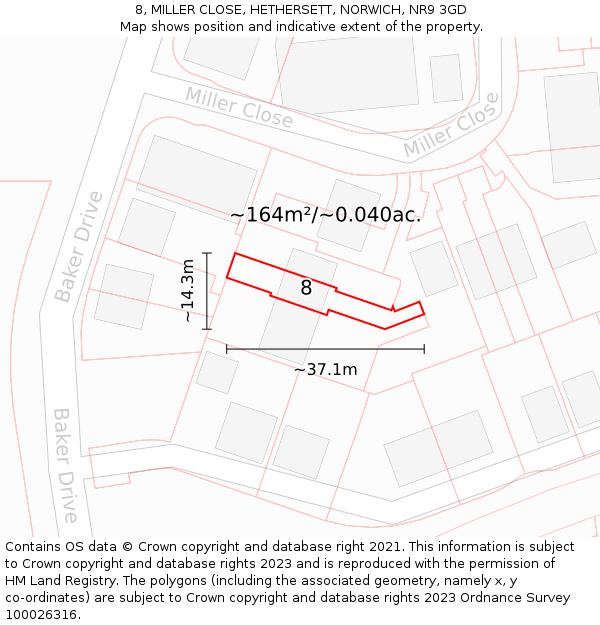 8, MILLER CLOSE, HETHERSETT, NORWICH, NR9 3GD: Plot and title map