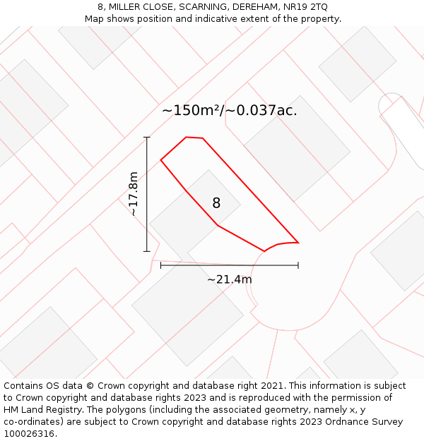 8, MILLER CLOSE, SCARNING, DEREHAM, NR19 2TQ: Plot and title map