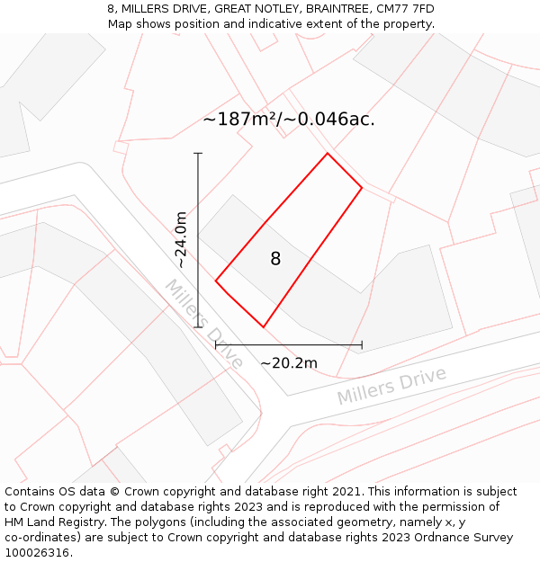 8, MILLERS DRIVE, GREAT NOTLEY, BRAINTREE, CM77 7FD: Plot and title map