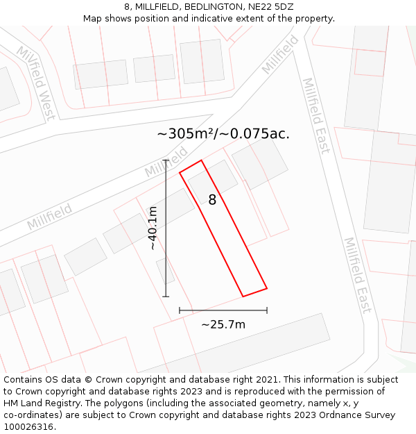 8, MILLFIELD, BEDLINGTON, NE22 5DZ: Plot and title map