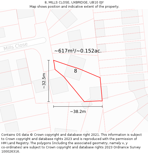 8, MILLS CLOSE, UXBRIDGE, UB10 0JY: Plot and title map