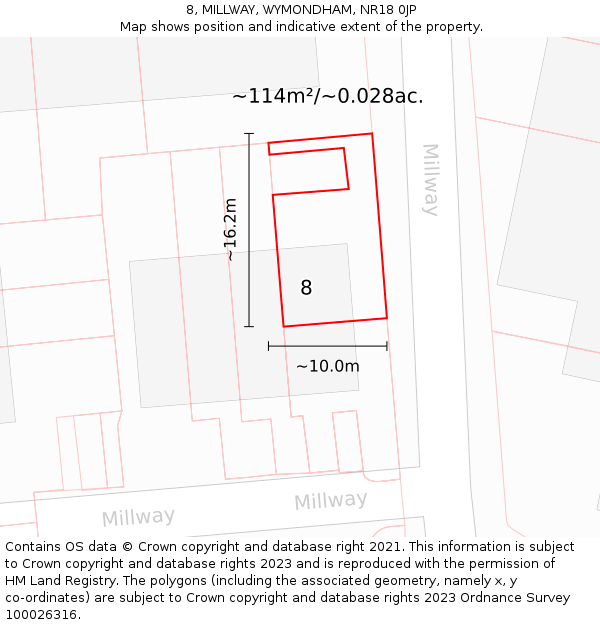 8, MILLWAY, WYMONDHAM, NR18 0JP: Plot and title map