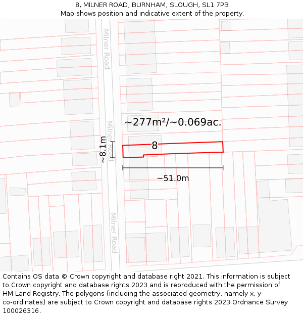 8, MILNER ROAD, BURNHAM, SLOUGH, SL1 7PB: Plot and title map