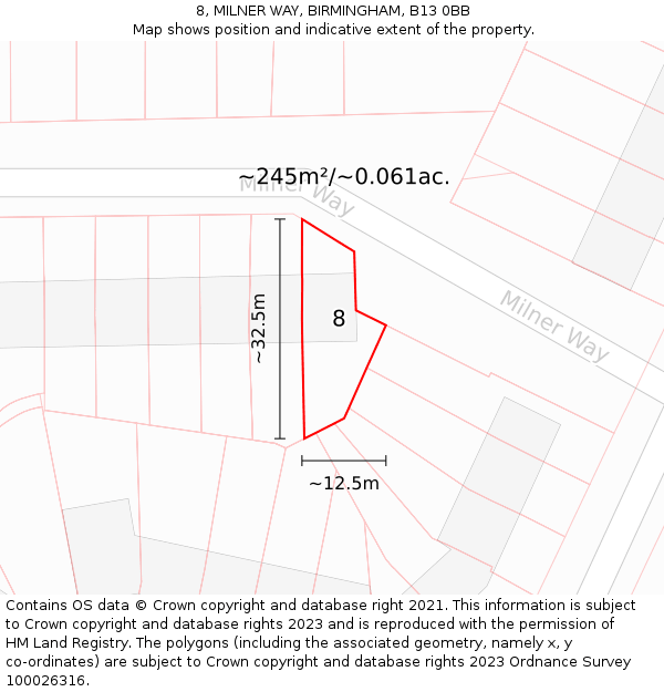 8, MILNER WAY, BIRMINGHAM, B13 0BB: Plot and title map