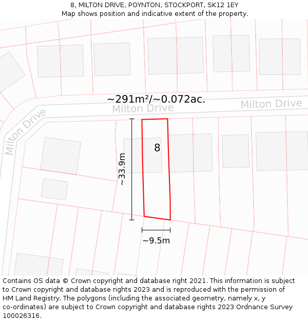 8, MILTON DRIVE, POYNTON, STOCKPORT, SK12 1EY: Plot and title map