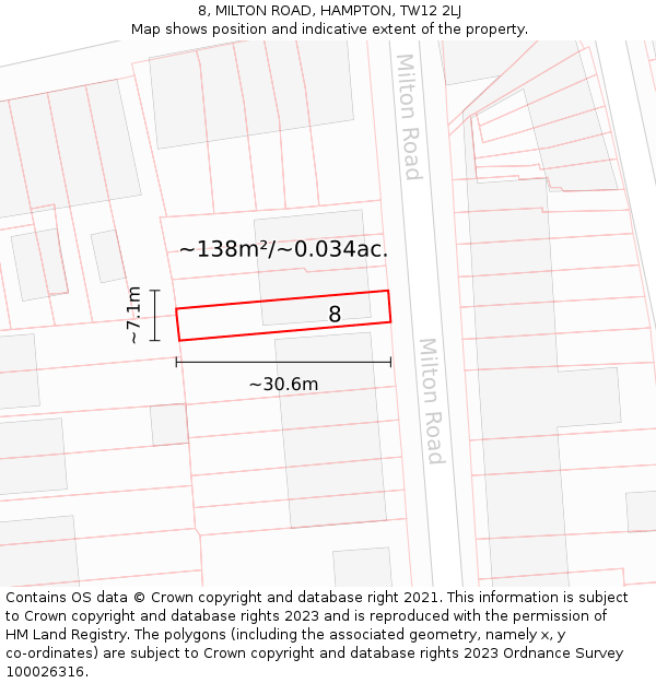 8, MILTON ROAD, HAMPTON, TW12 2LJ: Plot and title map