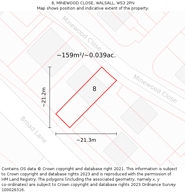 8, MINEWOOD CLOSE, WALSALL, WS3 2PN: Plot and title map
