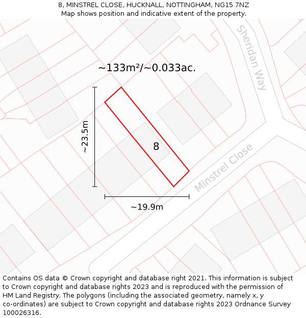8, MINSTREL CLOSE, HUCKNALL, NOTTINGHAM, NG15 7NZ: Plot and title map