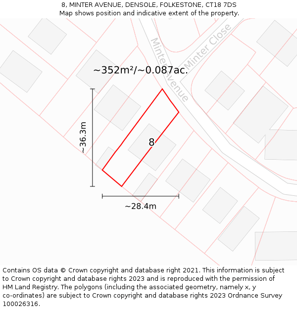8, MINTER AVENUE, DENSOLE, FOLKESTONE, CT18 7DS: Plot and title map
