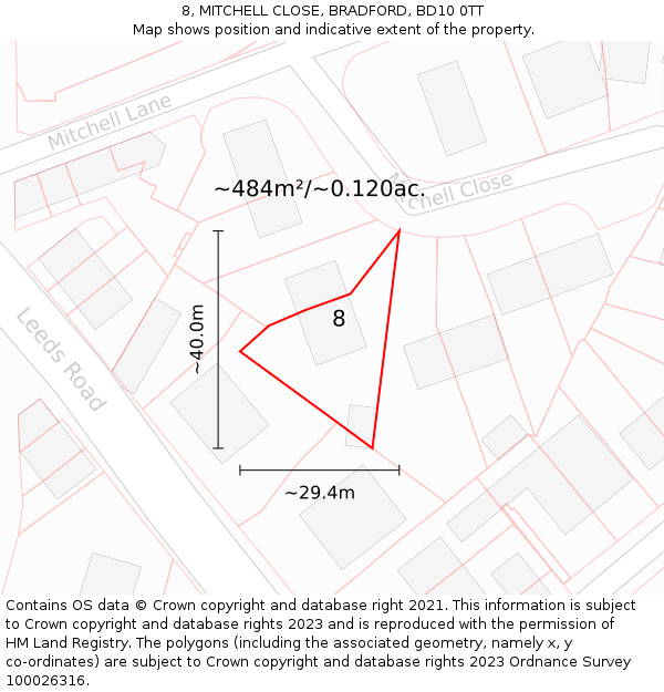 8, MITCHELL CLOSE, BRADFORD, BD10 0TT: Plot and title map