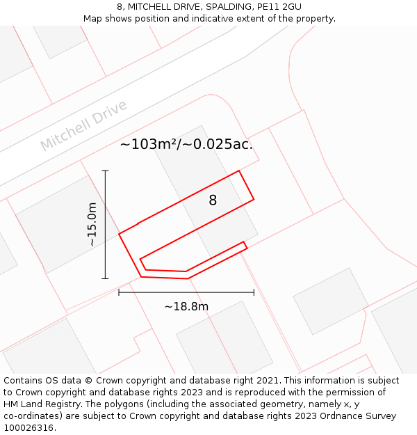 8, MITCHELL DRIVE, SPALDING, PE11 2GU: Plot and title map