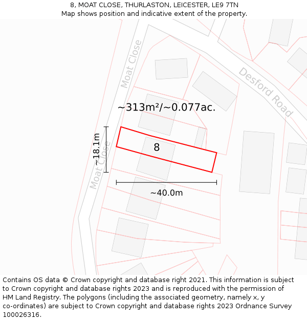 8, MOAT CLOSE, THURLASTON, LEICESTER, LE9 7TN: Plot and title map