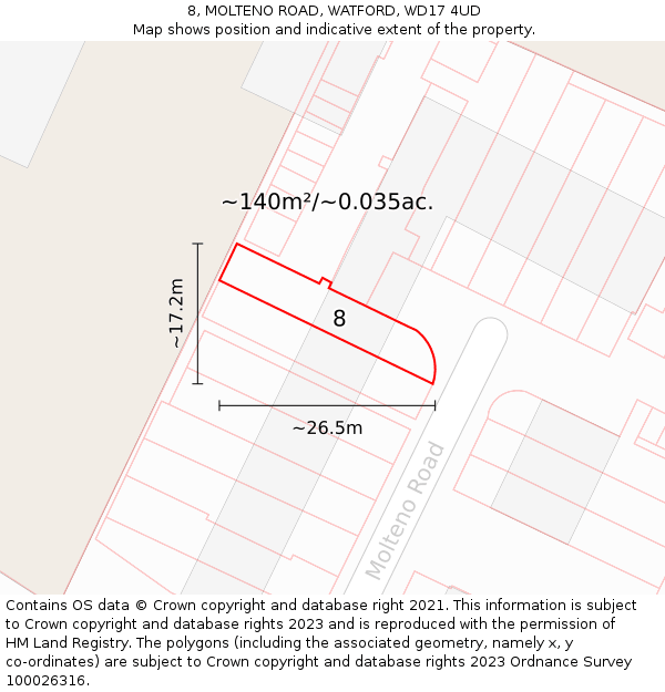 8, MOLTENO ROAD, WATFORD, WD17 4UD: Plot and title map