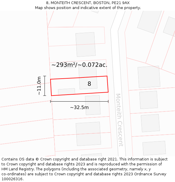 8, MONTEITH CRESCENT, BOSTON, PE21 9AX: Plot and title map