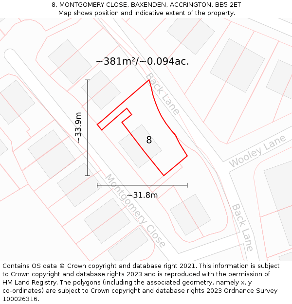 8, MONTGOMERY CLOSE, BAXENDEN, ACCRINGTON, BB5 2ET: Plot and title map