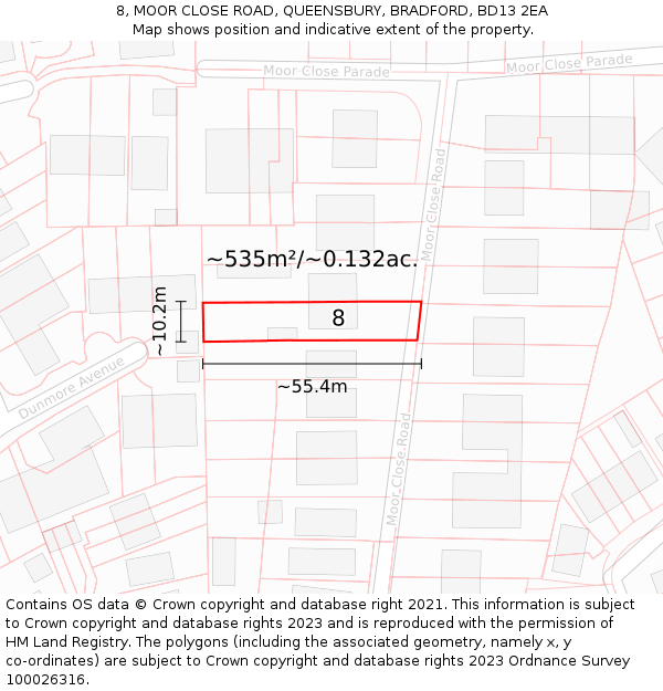 8, MOOR CLOSE ROAD, QUEENSBURY, BRADFORD, BD13 2EA: Plot and title map