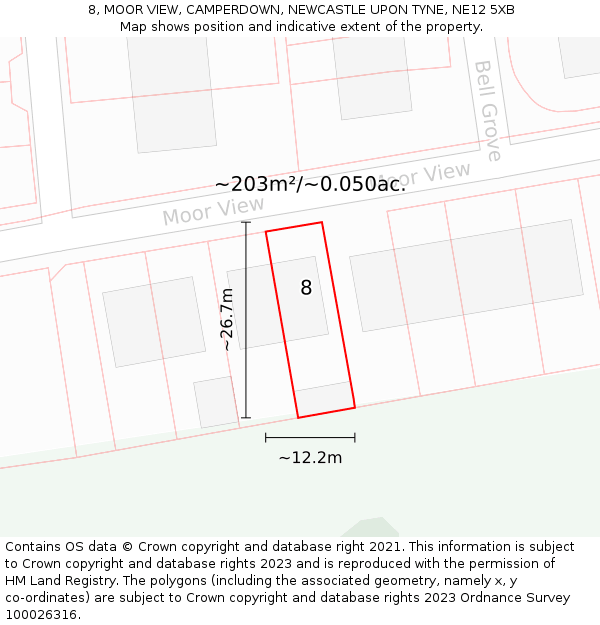 8, MOOR VIEW, CAMPERDOWN, NEWCASTLE UPON TYNE, NE12 5XB: Plot and title map