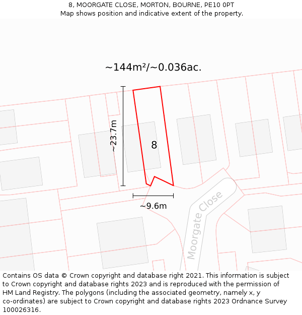 8, MOORGATE CLOSE, MORTON, BOURNE, PE10 0PT: Plot and title map